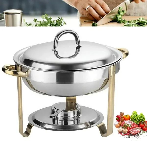 Chafing Dish Set de 4 l, redondo, acero inoxidable, apto para lavavajillas, con depósito de pasta de combustible para buffets