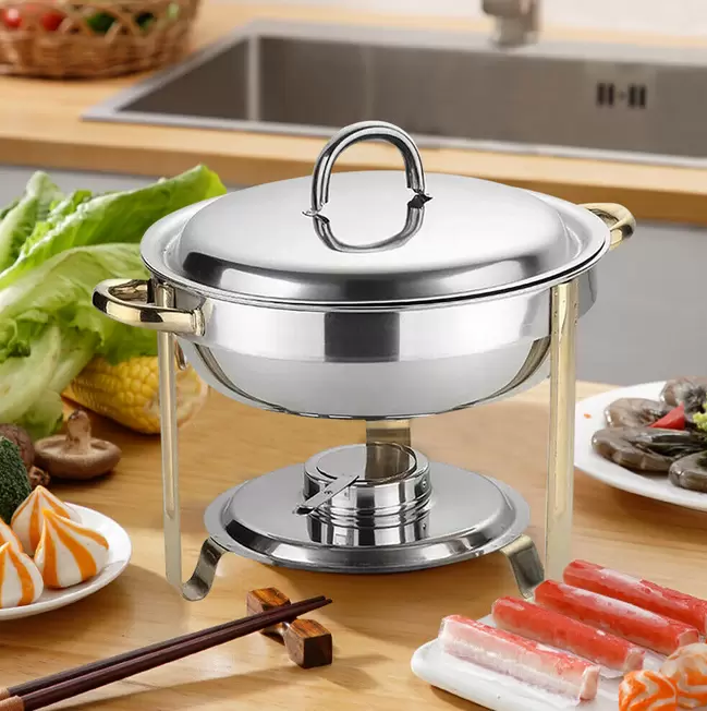 Chafing Dish Set de 4 l, redondo, acero inoxidable, apto para lavavajillas, con depósito de pasta de combustible para buffets