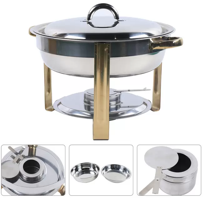 Chafing Dish Set de 4 l, redondo, acero inoxidable, apto para lavavajillas, con depósito de pasta de combustible para buffets
