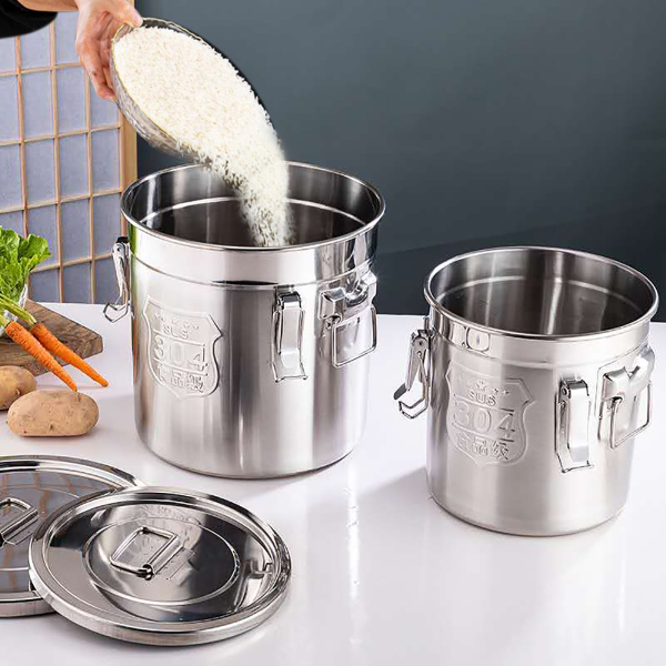 Recipiente hermético de acero inoxidable para cocina,cubo de almacenamiento con asas+tapa