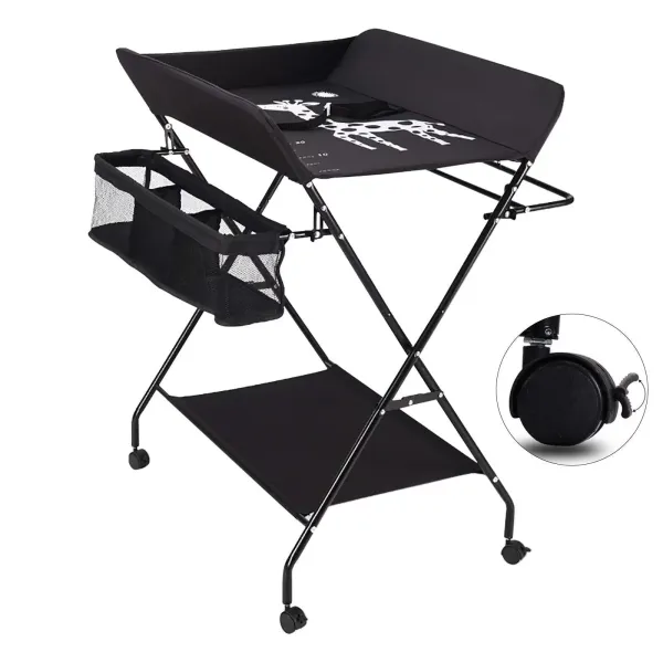 CNCEST Cambiador plegable con ruedas, cubeta 2 en 1, con colchoneta acolchada para bebés y niños(NEGRO)