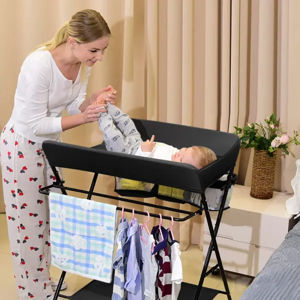 CNCEST Cambiador plegable con ruedas, cubeta 2 en 1, con colchoneta acolchada para bebés y niños(NEGRO)