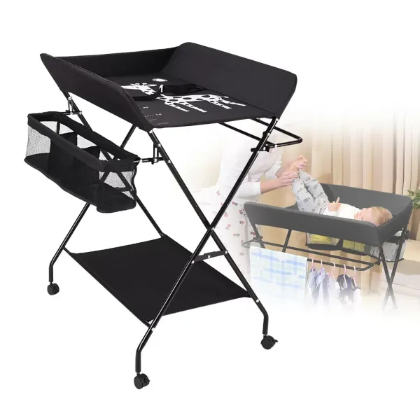 CNCEST Cambiador plegable con ruedas, cubeta 2 en 1, con colchoneta acolchada para bebés y niños(NEGRO)