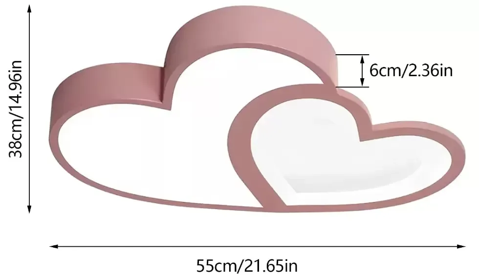 CNCEST 55cm Lámpara de techo LED para habitación infantil, en forma de doble corazón regulable, mando a distancia (rosa)