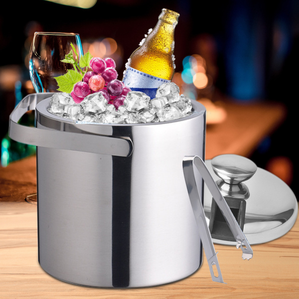 Cubo de hielo con tapa y pinzas,Cubo de hielo de acero inoxidable de doble pared