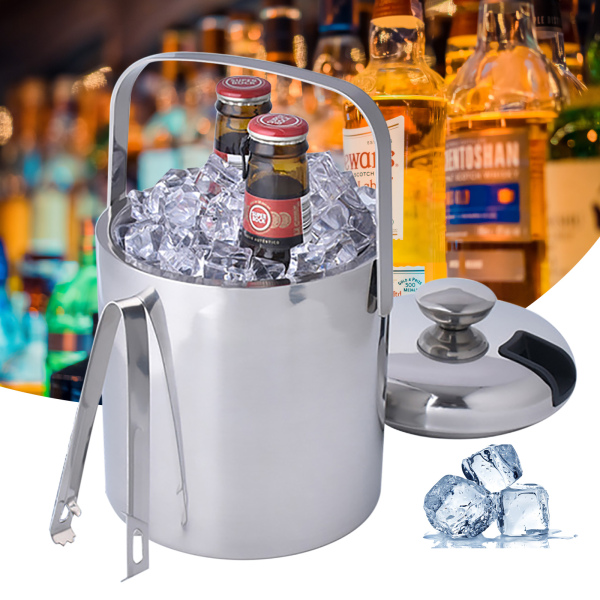 Cubo de hielo con tapa y pinzas,Cubo de hielo de acero inoxidable de doble pared