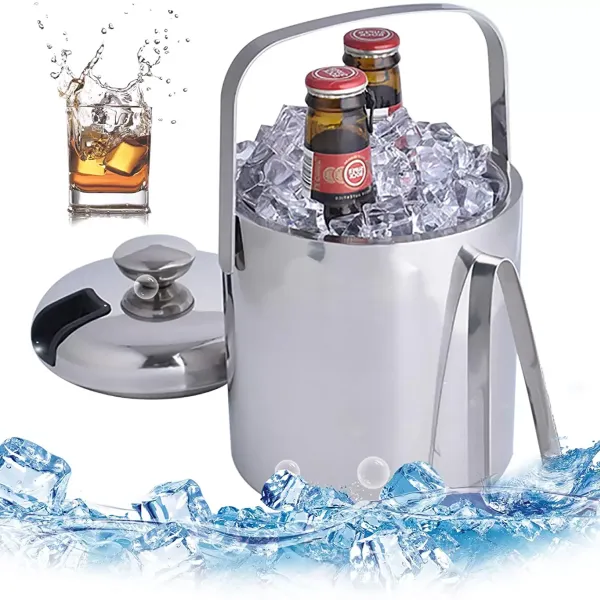 Cubo de hielo con tapa y pinzas,Cubo de hielo de acero inoxidable de doble pared