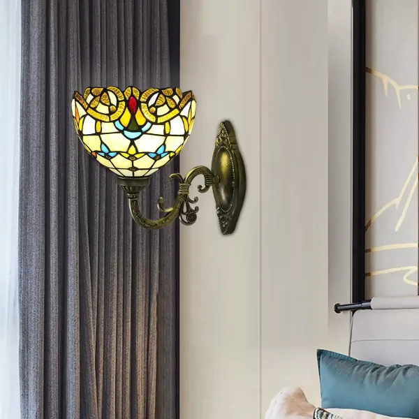 Lámpara de pared victoriana-estilo Tiffany- lámpara decorativa E27- Retro Vidrio Pintado Pantalla- Lámpara de Mesita de Noche