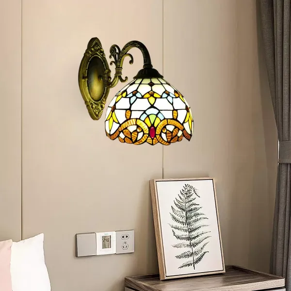 Lámpara de pared victoriana-estilo Tiffany- lámpara decorativa E27- Retro Vidrio Pintado Pantalla- Lámpara de Mesita de Noche