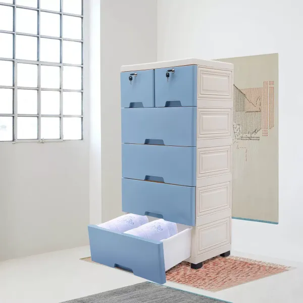 Cómoda con 6 cajones, de plástico, práctico cajón con ruedas, para pasillo, salón, dormitorio, 50 x 35 x 102 cm, azul