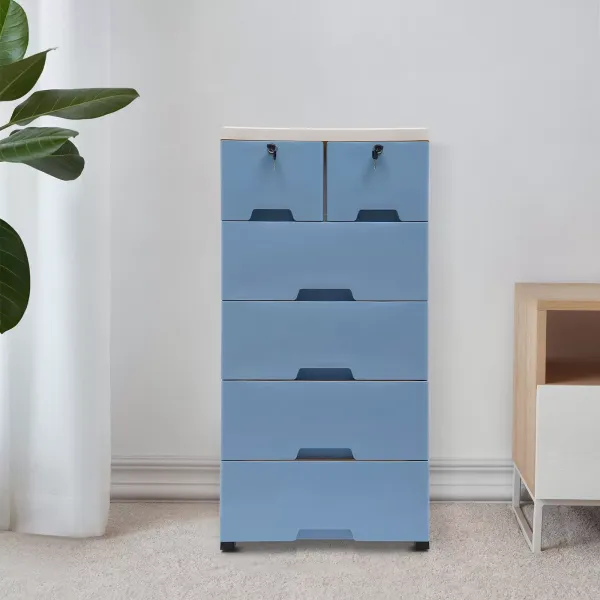 Cómoda con 6 cajones, de plástico, práctico cajón con ruedas, para pasillo, salón, dormitorio, 50 x 35 x 102 cm, azul Cómoda con 6 cajones, de plástico, práctico cajón con ruedas, para pasillo, salón, dormitorio, 50 x 35 x 102 cm, azul