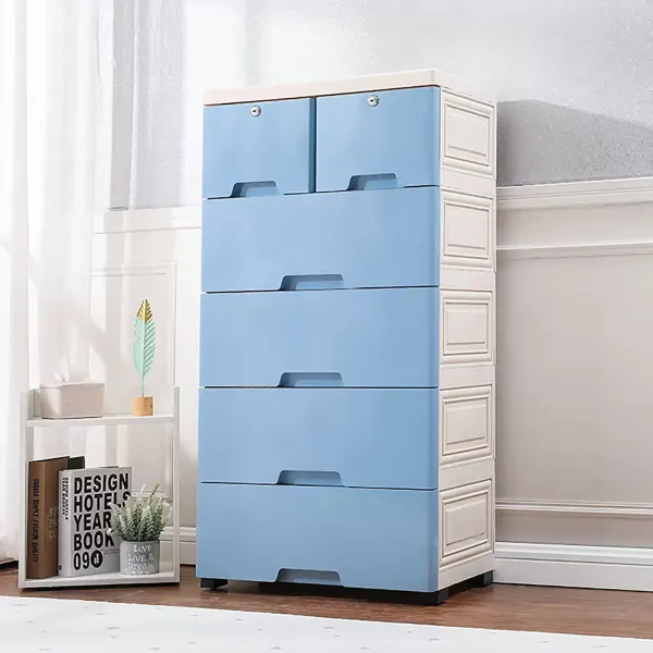 Cómoda con 6 cajones, de plástico, práctico cajón con ruedas, para pasillo, salón, dormitorio, 50 x 35 x 102 cm, azul Cómoda con 6 cajones, de plástico, práctico cajón con ruedas, para pasillo, salón, dormitorio, 50 x 35 x 102 cm, azul