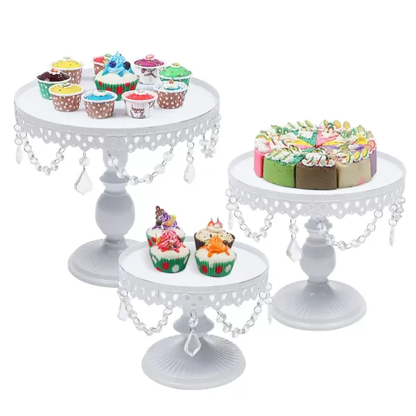 3 soportes para tartas redondos de metal para postres con cristal, estilo vintage para cupcakes, color blanco, para decoración de fiestas, bodas