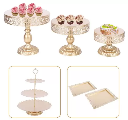 6 soportes para tartas de metal, 3 pisos, para cupcakes, postres, velas, dulces, galletas, cumpleaños, bodas (dorado)