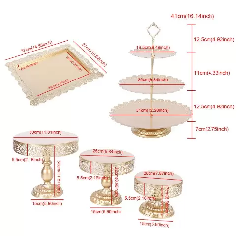 6 soportes para tartas de metal, 3 pisos, para cupcakes, postres, velas, dulces, galletas, cumpleaños, bodas (dorado)