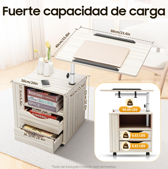 CNCEST Mesa auxiliar de arce blanco con ruedas, altura ajustable para dormitorio
