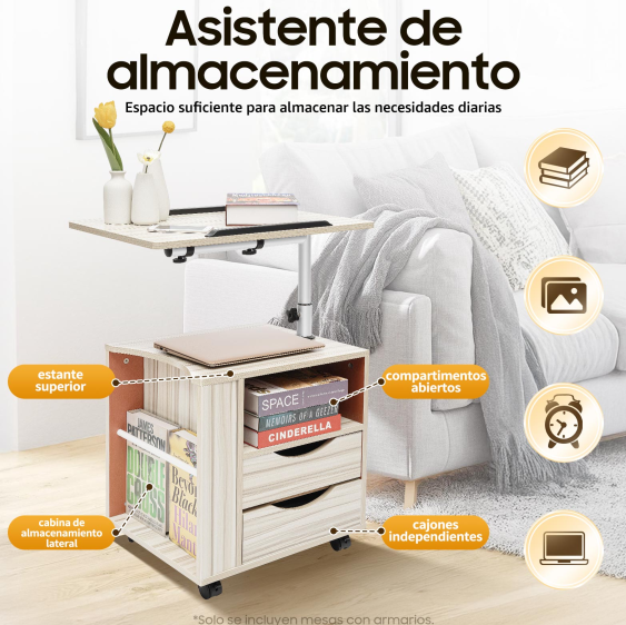 CNCEST Mesa auxiliar de arce blanco con ruedas, altura ajustable para dormitorio