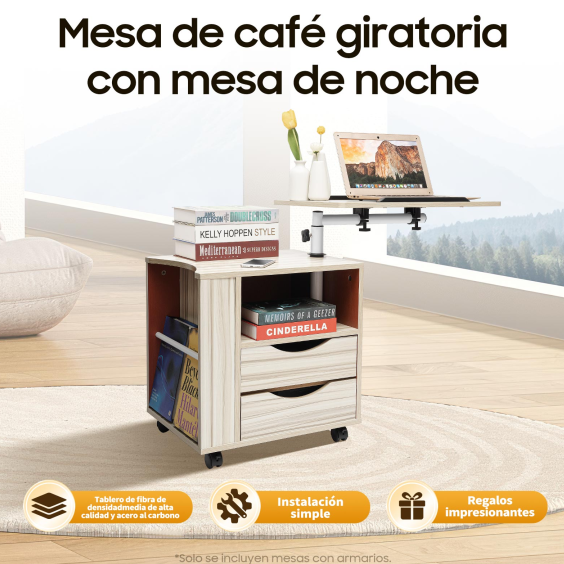 CNCEST Mesa auxiliar de arce blanco con ruedas, altura ajustable para dormitorio