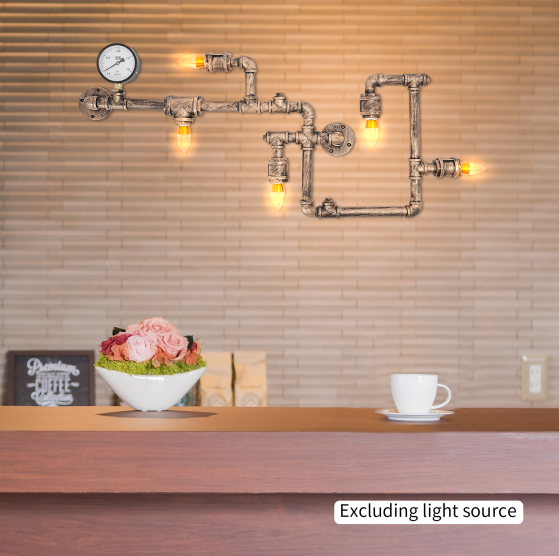 Lámpara de pared vintage, luz de tubería de agua de 5 luces, lámpara industrial de metal 220V Pasillo Iluminación interior