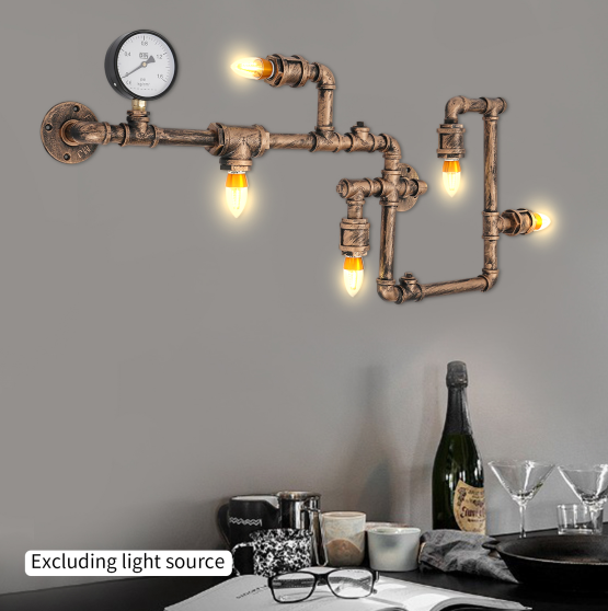 Lámpara de pared vintage, luz de tubería de agua de 5 luces, lámpara industrial de metal 220V Pasillo Iluminación interior