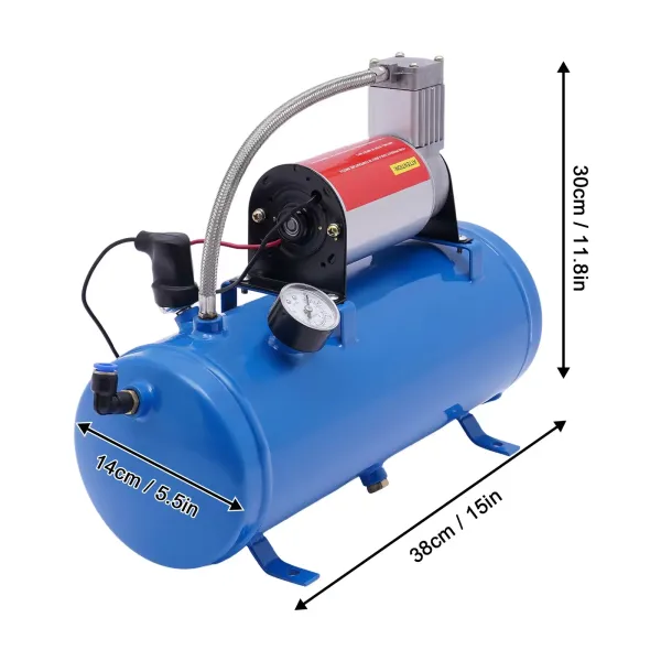 100Psi 6L Auto Compresor de Aire Kit de bocina de Aire 12V con Tanque de Aire comprimido Manómetro Manguera de Aire Larga