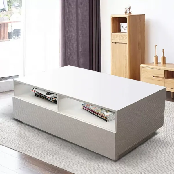 Mesa de café para el salón, color blanco brillante, moderno, con 4 cajones y luz LED que cambia de color