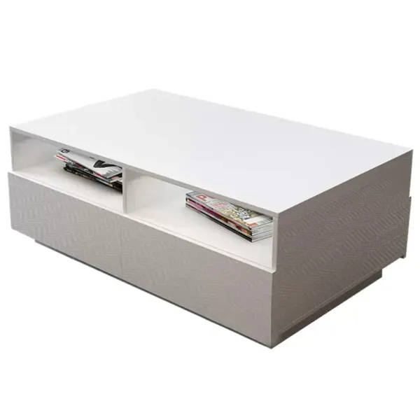 Mesa de café para el salón, color blanco brillante, moderno, con 4 cajones y luz LED que cambia de color