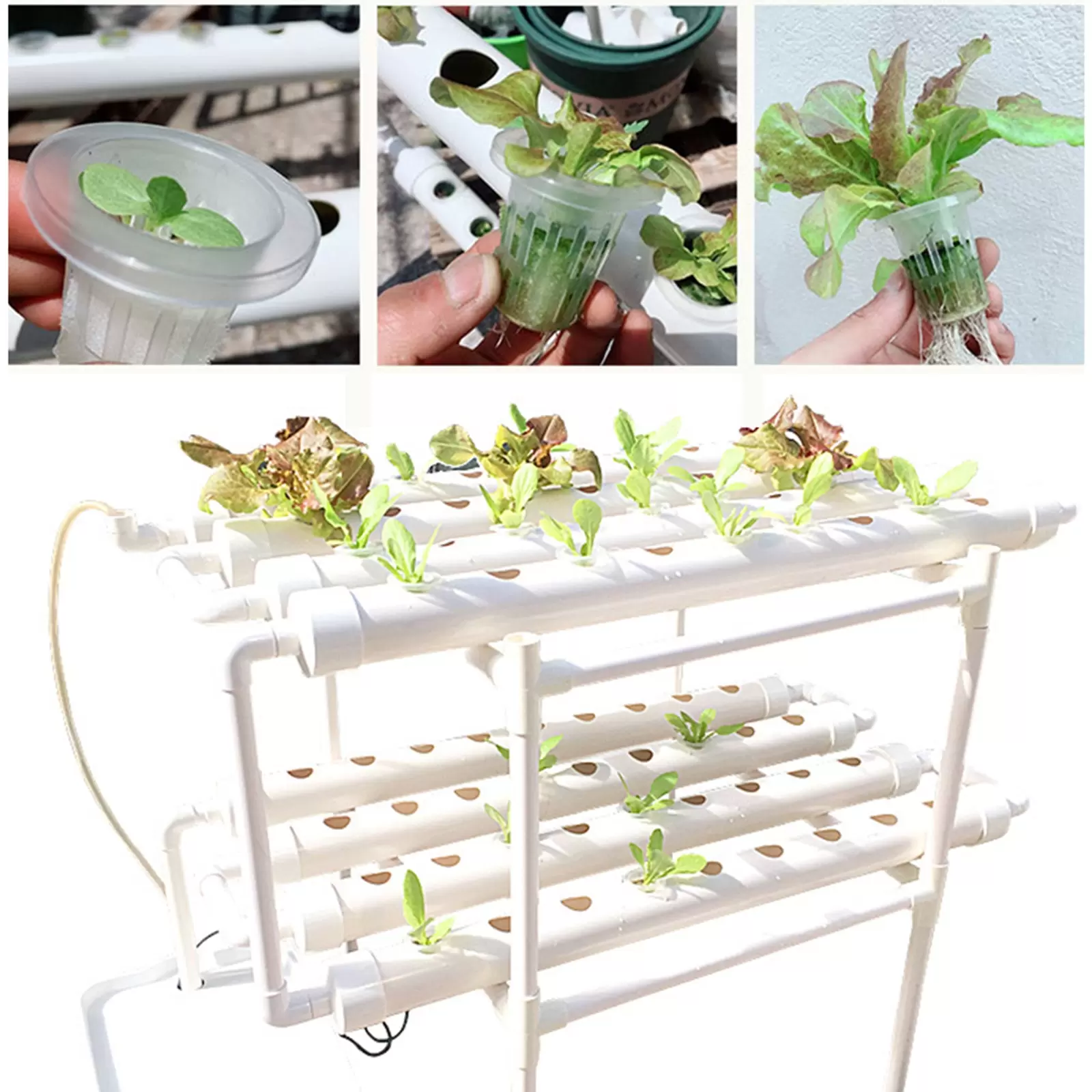 Sistema hidropónico de dos capas con 72 orificios para balcón, Kit de cultivo hidropónico para verduras, ensalada ,PVC para el hogar
