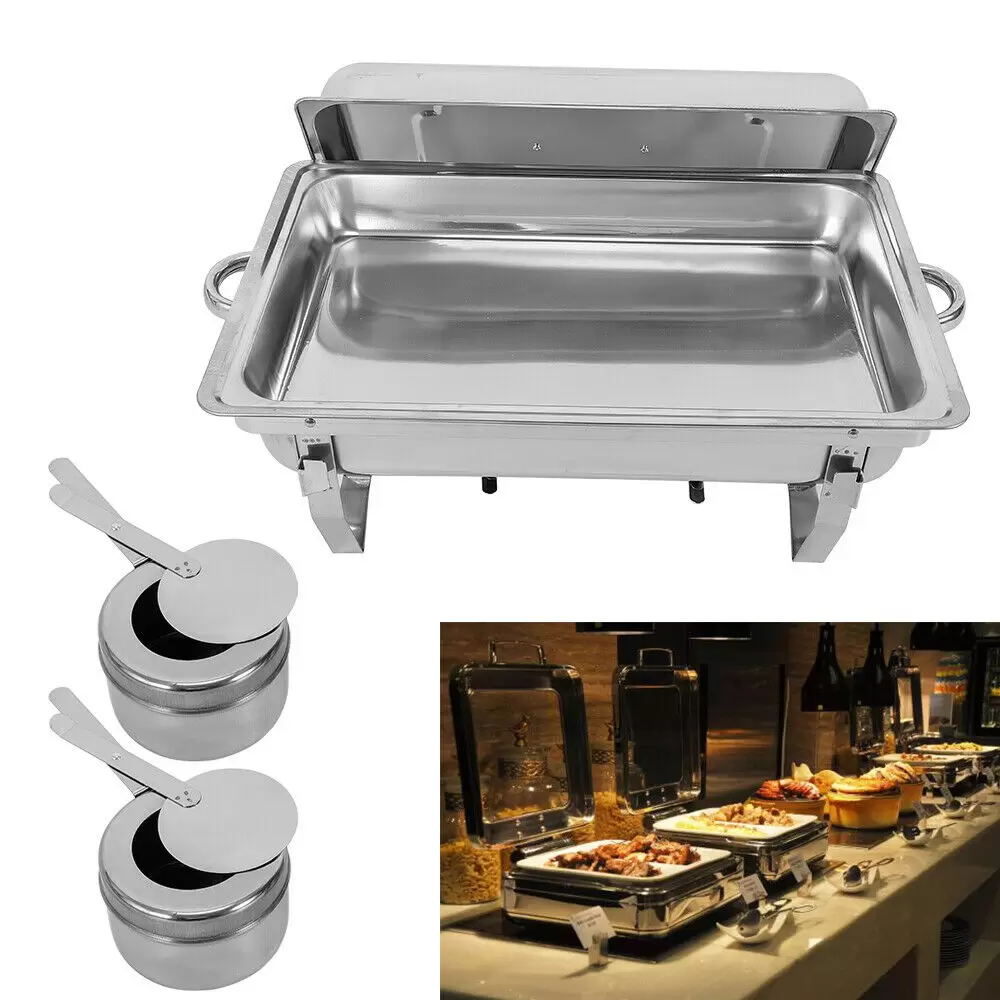 9L Buffet Chafing Dish - Calentador de alimentos rectangular, diseño elegante y marco duradero (acero inoxidable pulido, con tapa, rejilla individual)
