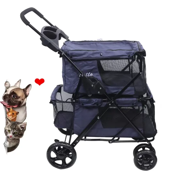 Cochecito de 4 ruedas, carrito de paseo plegable, para perros, gatos, cachorros, mascotas, plegable, capacidad máxima de 15 kg
