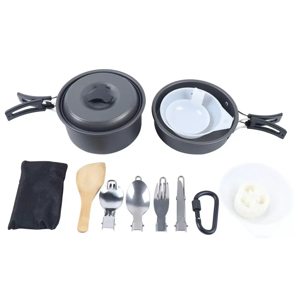 Juego de 14 ollas para camping de acero inoxidable, para senderismo, picnic, cacerolas y sartén de aluminio