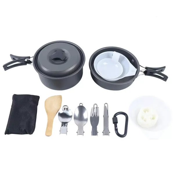 Juego de 14 ollas para camping de acero inoxidable, para senderismo, picnic, cacerolas y sartén de aluminio