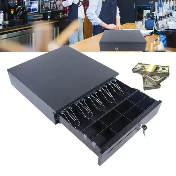 Cajón de efectivo con apertura manual, 5 compartimentos para billetes y 8 compartimentos para monedas, con 2 llaves, interfaz Rj11 en ambos extremos Cajón de efectivo con apertura manual, 5 compartimentos para billetes y 8 compartimentos para monedas, con 2 llaves, interfaz Rj11 en ambos extremos