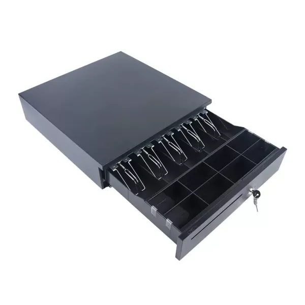 Cajón de efectivo con apertura manual, 5 compartimentos para billetes y 8 compartimentos para monedas, con 2 llaves, interfaz Rj11 en ambos extremos Cajón de efectivo con apertura manual, 5 compartimentos para billetes y 8 compartimentos para monedas, con 2 llaves, interfaz Rj11 en ambos extremos