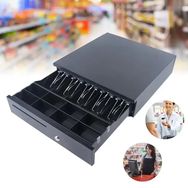Cajón de efectivo con apertura manual, 5 compartimentos para billetes y 8 compartimentos para monedas, con 2 llaves, interfaz Rj11 en ambos extremos Cajón de efectivo con apertura manual, 5 compartimentos para billetes y 8 compartimentos para monedas, con 2 llaves, interfaz Rj11 en ambos extremos