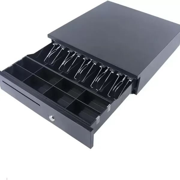 Cajón de efectivo con apertura manual, 5 compartimentos para billetes y 8 compartimentos para monedas, con 2 llaves, interfaz Rj11 en ambos extremos Cajón de efectivo con apertura manual, 5 compartimentos para billetes y 8 compartimentos para monedas, con 2 llaves, interfaz Rj11 en ambos extremos