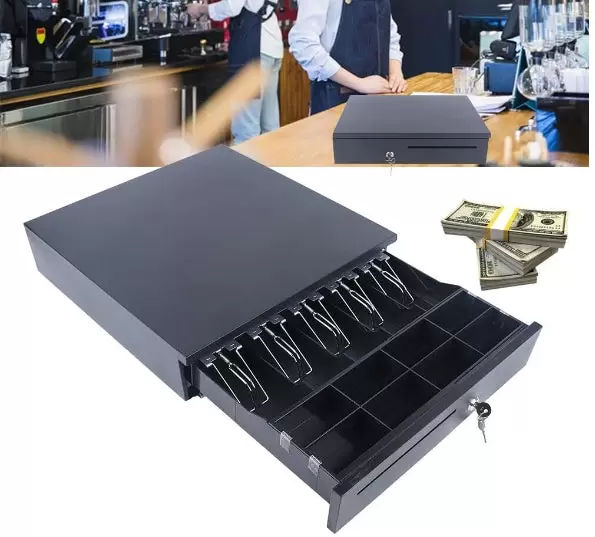 Cajón de efectivo con apertura manual, 5 compartimentos para billetes y 8 compartimentos para monedas, con 2 llaves, interfaz Rj11 en ambos extremos