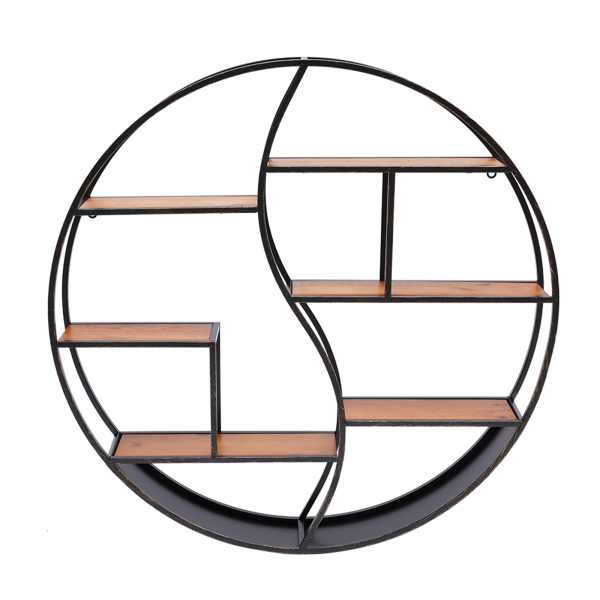 Estantería de pared redonda de metal y madera, estantería para libros, vintage, redonda, de metal, madera, decoración, (80 x 12 x 80 cm)