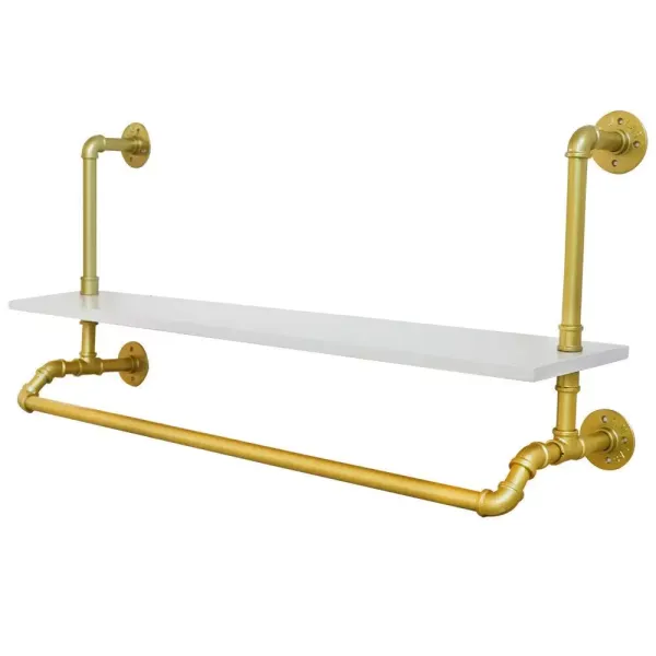 CNCEST Barra para colgar ropa de carga pesada para colgar en la pared, estilo vintage, toallero con madera maciza,  dorado