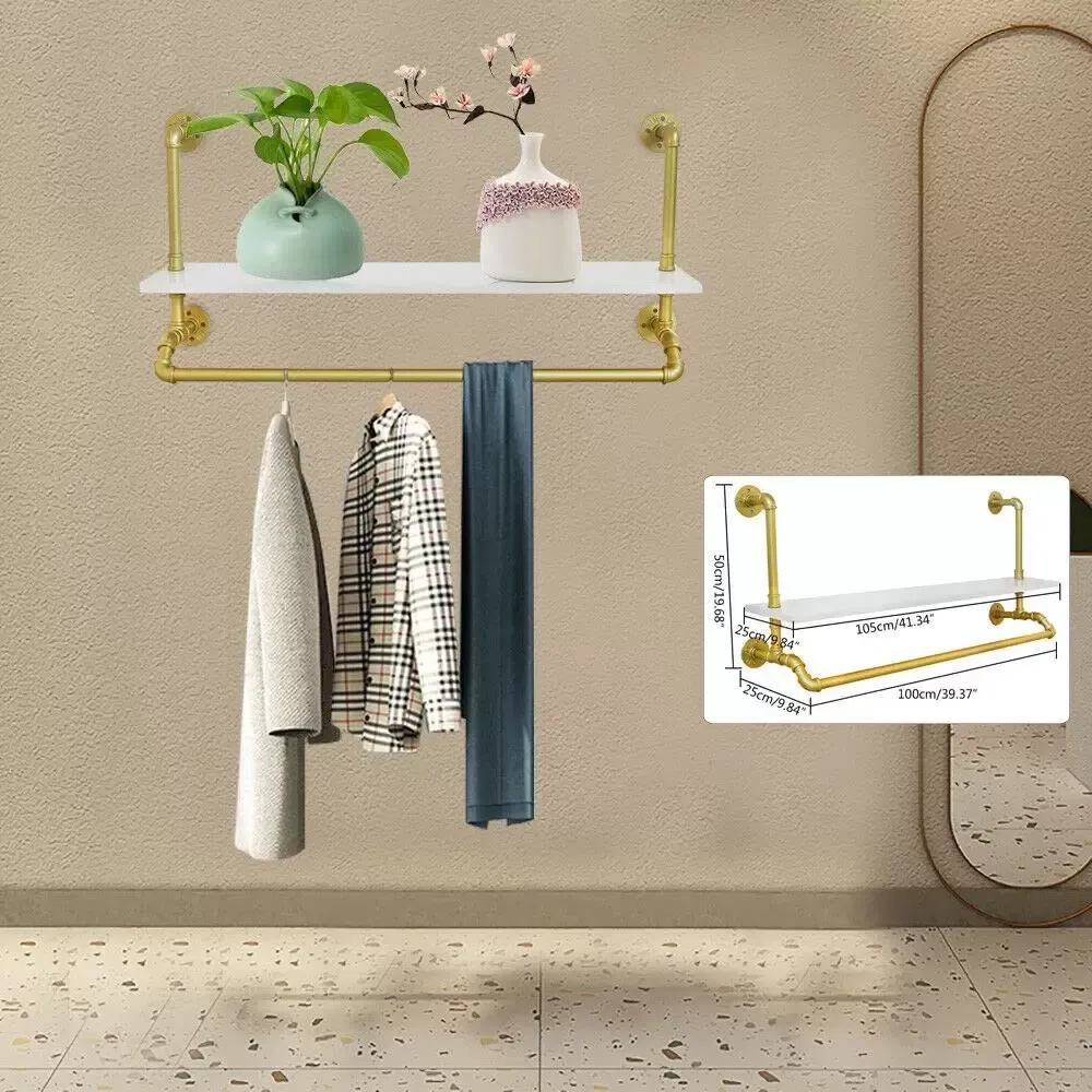 CNCEST Barra para colgar ropa de carga pesada para colgar en la pared, estilo vintage, toallero con madera maciza,  dorado