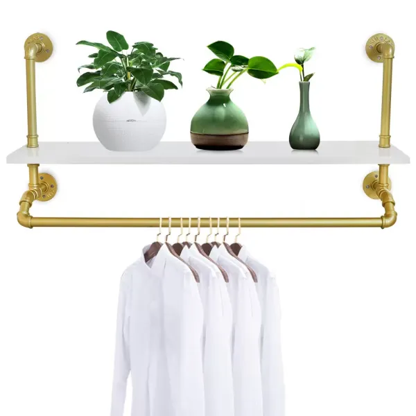 CNCEST Barra para colgar ropa de carga pesada para colgar en la pared, estilo vintage, toallero con madera maciza, dorado CNCEST Barra para colgar ropa de carga pesada para colgar en la pared, estilo vintage, toallero con madera maciza, dorado