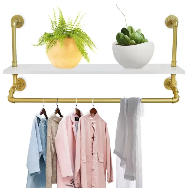 CNCEST Barra para colgar ropa de carga pesada para colgar en la pared, estilo vintage, toallero con madera maciza,  dorado