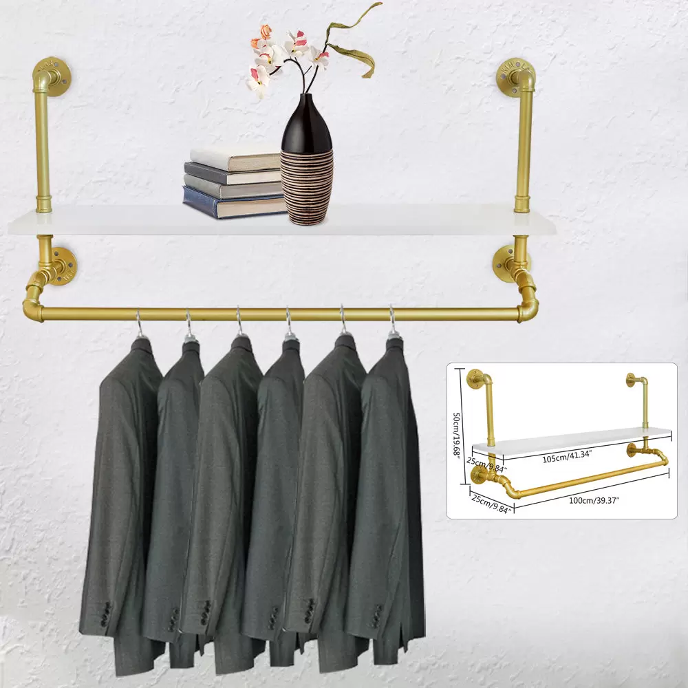 CNCEST Barra para colgar ropa de carga pesada para colgar en la pared, estilo vintage, toallero con madera maciza, dorado
