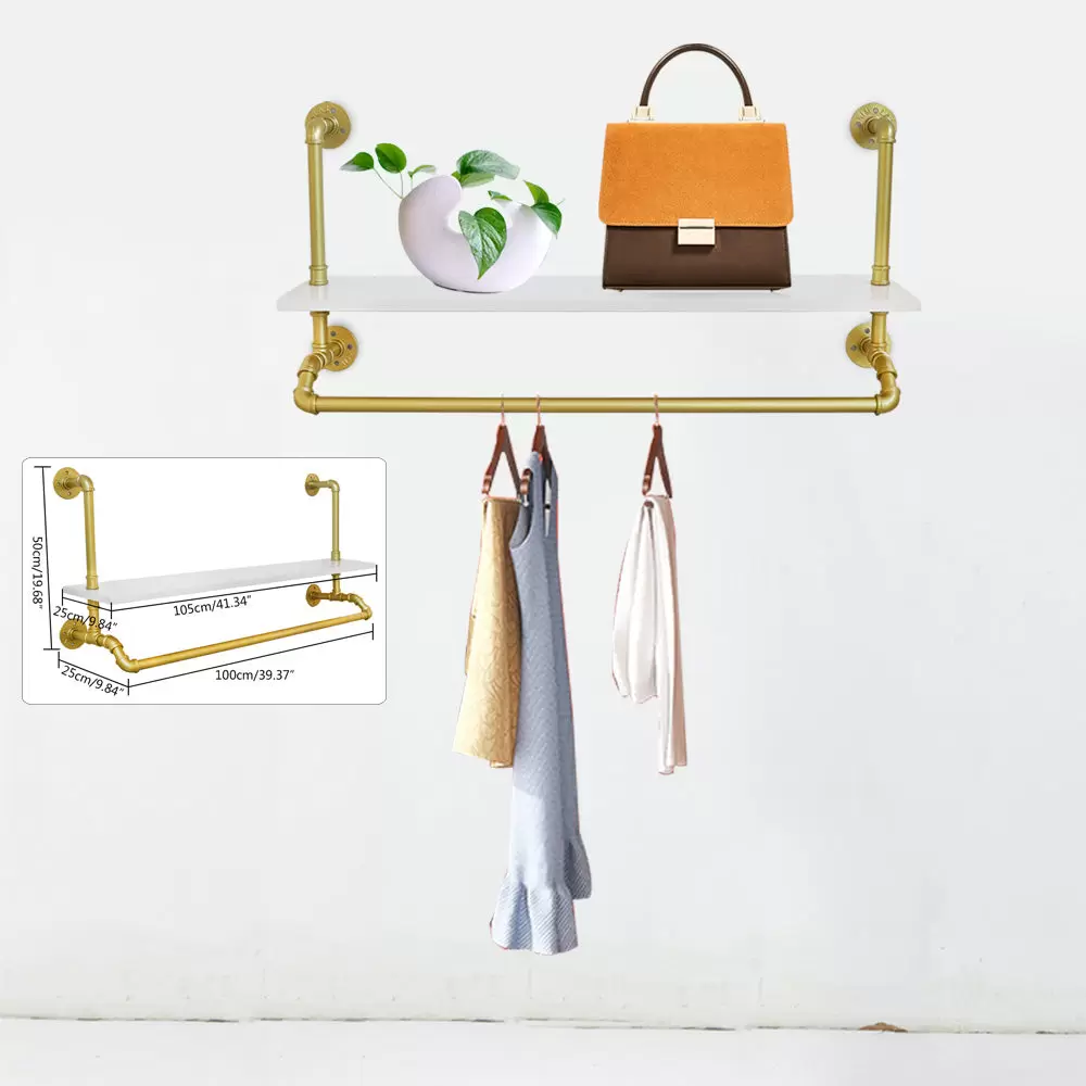 CNCEST Barra para colgar ropa de carga pesada para colgar en la pared, estilo vintage, toallero con madera maciza, dorado