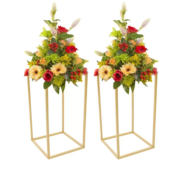 Juego de 2 soportes para flores de boda de metal, rectangulares, dorados, para bodas y fiestas (22 x 22 x 40 cm)