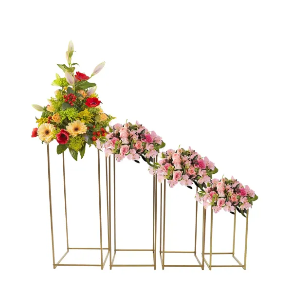 Juego de 4 jarrones de metal para suelo de flores, color dorado, rectangulares, mesita auxiliar, columna para flores