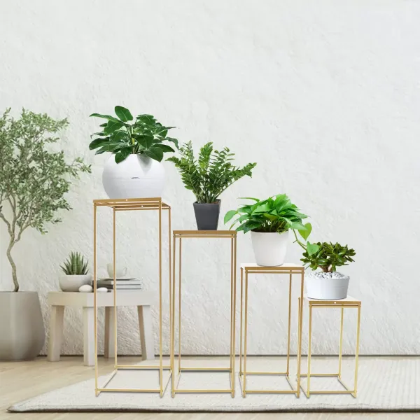 Juego de 4 jarrones de metal para suelo de flores, color dorado, rectangulares, mesita auxiliar, columna para flores