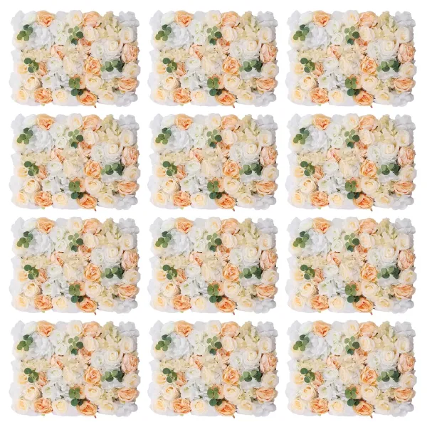 12 piezas de flores artificiales de champán y blanco, pared de flores artificiales para jardín, fondo de boda, manualidades, fiestas, 40 x 60 cm