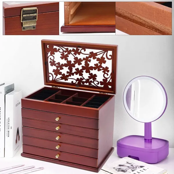 Organizador de joyas de madera con 6 cajones retro, color marrón