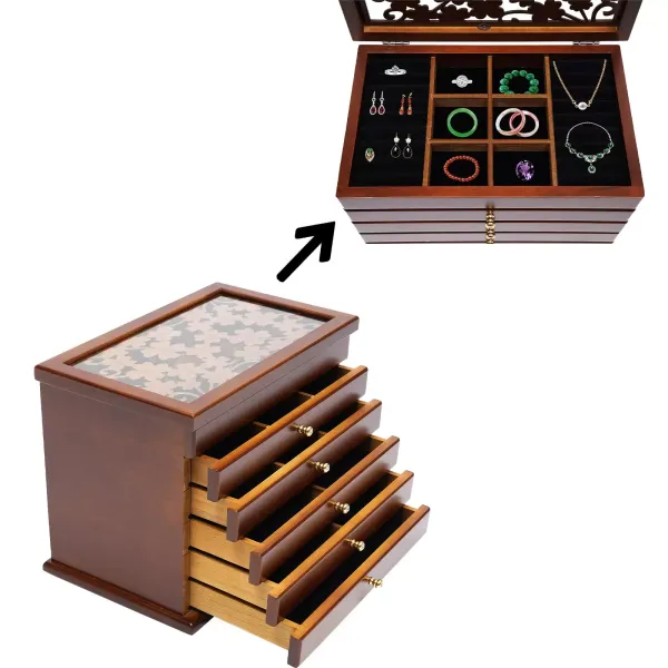 Organizador de joyas de madera con 6 cajones retro, color marrón Organizador de joyas de madera con 6 cajones retro, color marrón